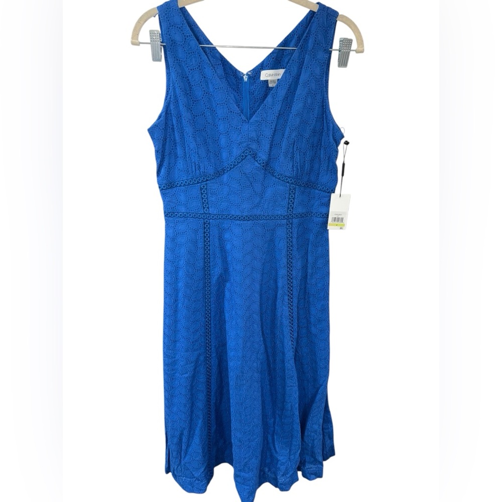 Calvin Klein Vibrant Cobalt Blue‎ Eyelet Lace  Midi Dress